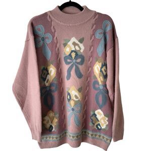 Alfred Dunner Pink Oversized Floral Bouquet Turtleneck Sweater Size Large